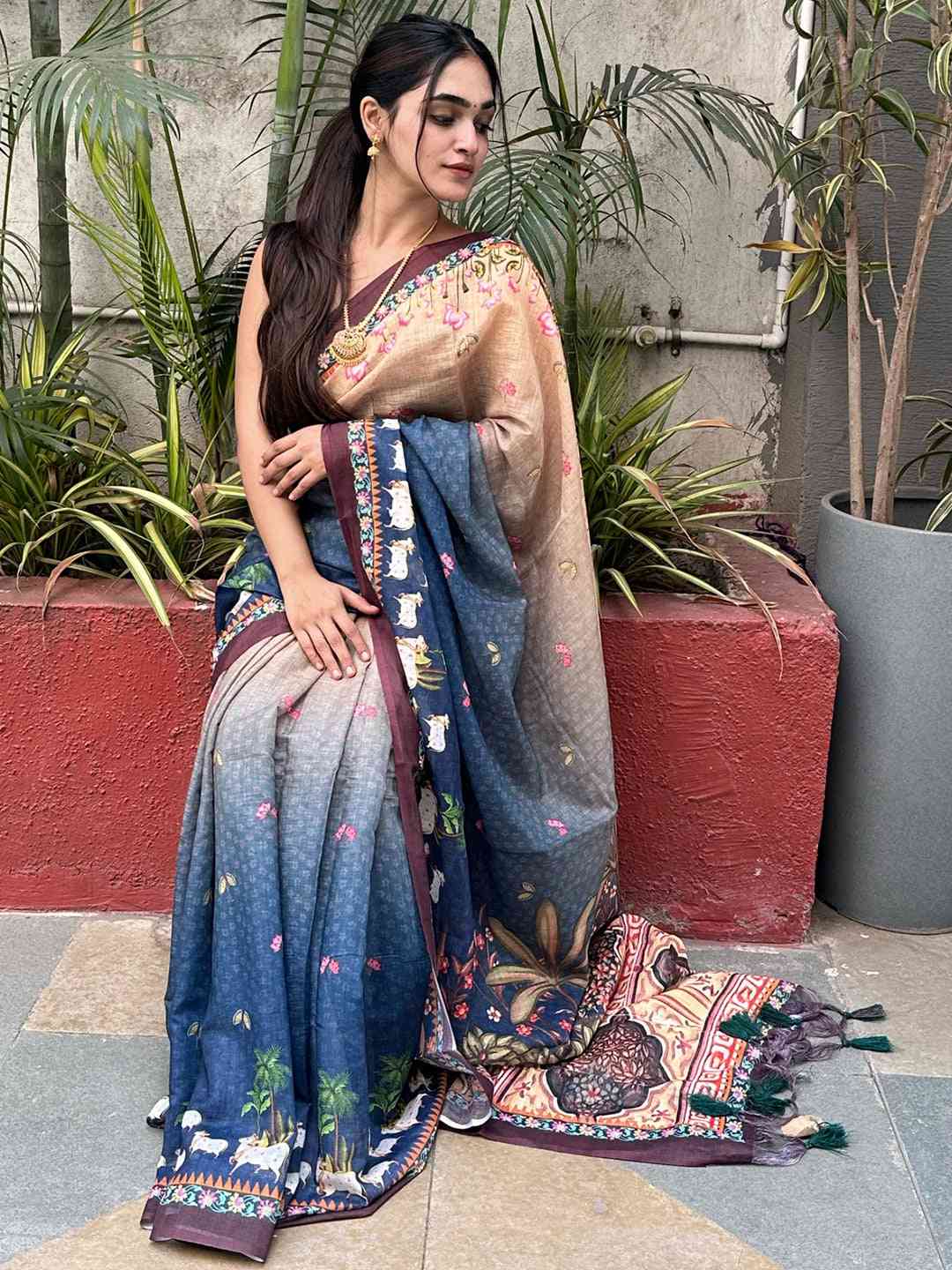 Soft Linen Ombre Pichwai Printed Blue Colour Saree by My Store