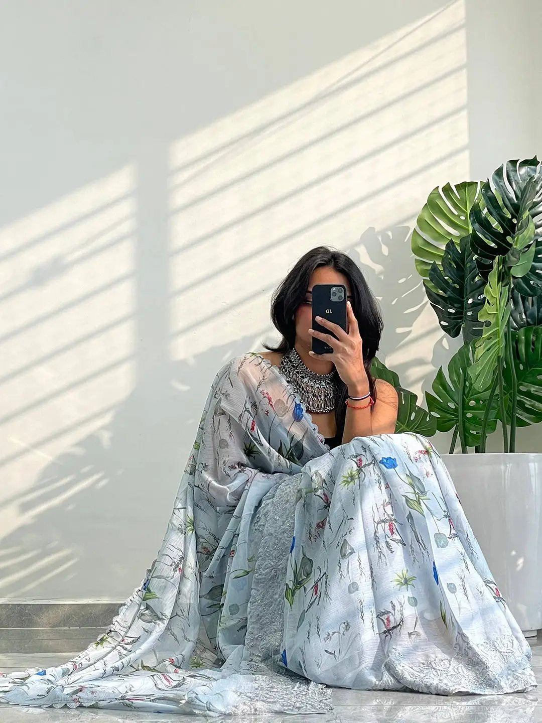Soft Chiffon Satin Saree with Cut Work Embroidered Boder by My Store