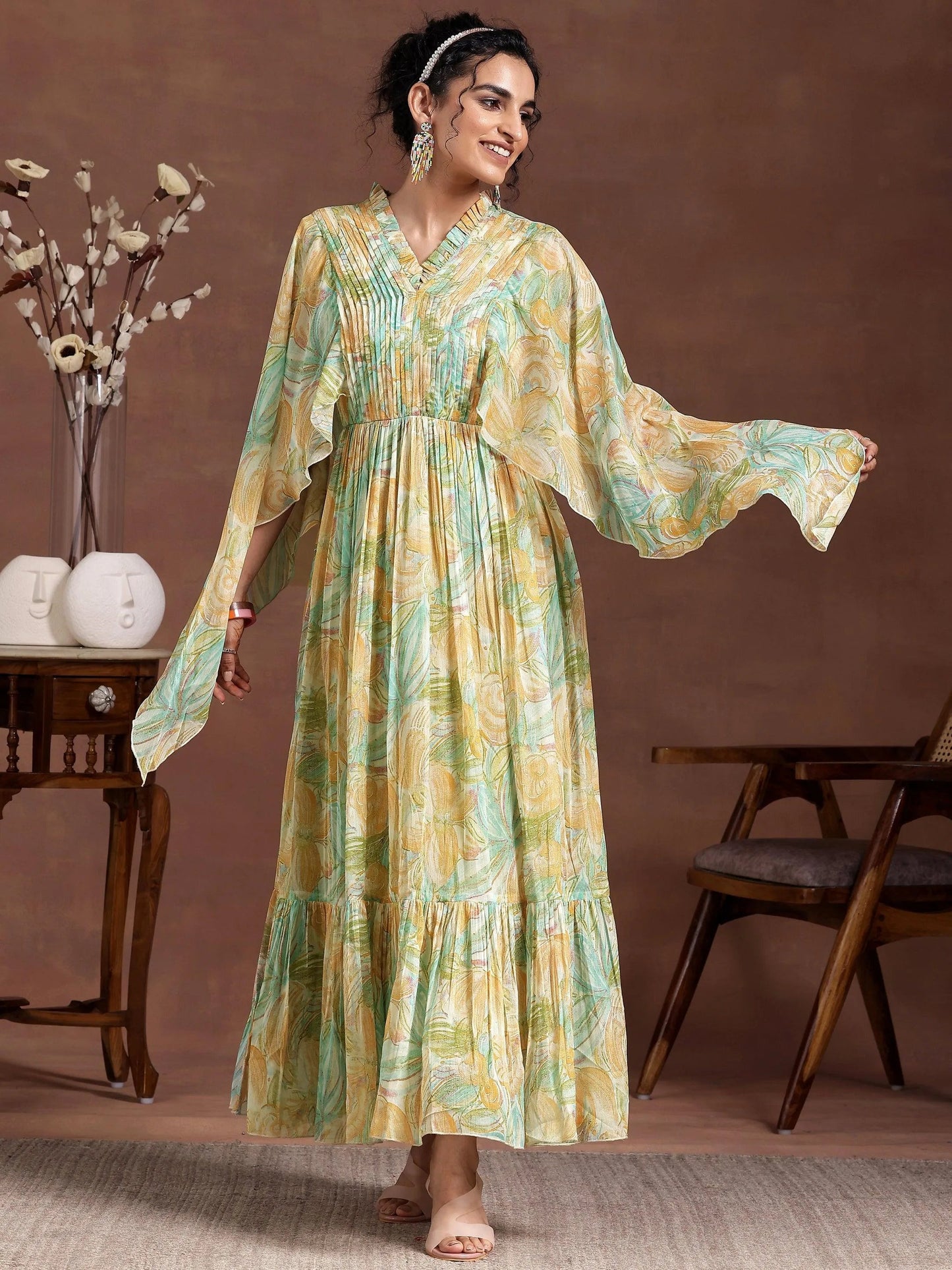 Green Printed Chiffon A-Line Dress by My Store