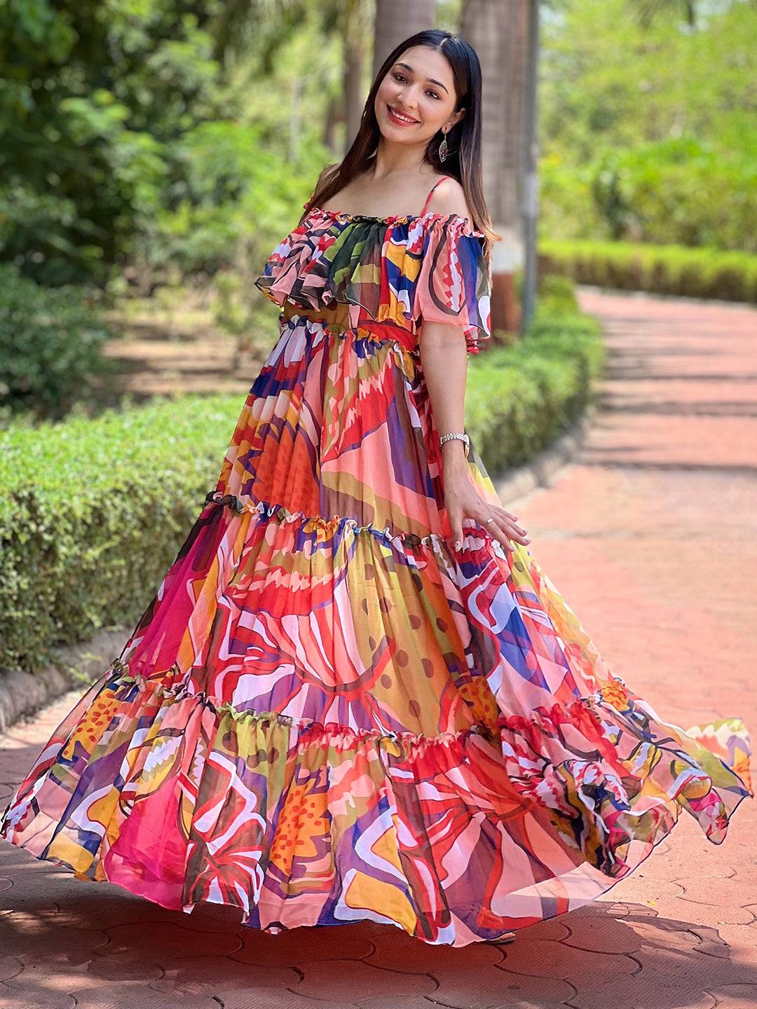 Tropical Printed Off-shoulder Maxi Dress