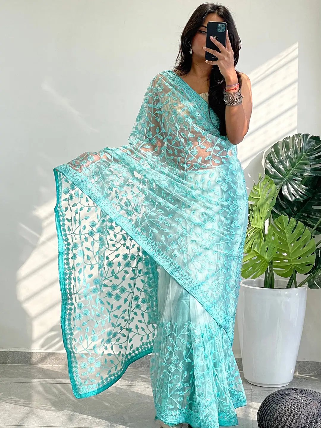 Elegant Saree Adorned with Ethnic Motifs, Intricate Threadwork, and Embellished Borders by My Store