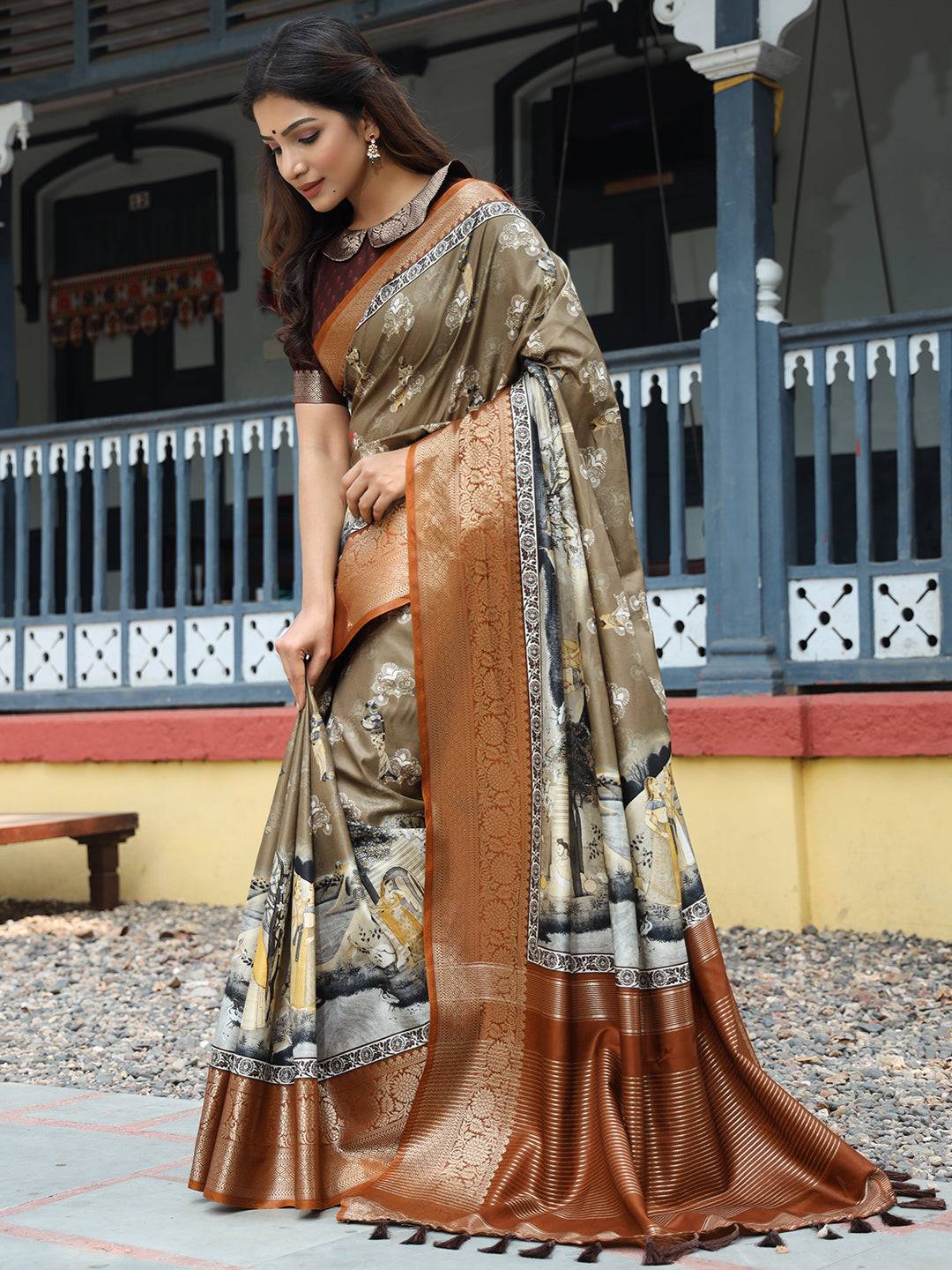 Multi Hand Kalamkari Printed Pure Viscose Dola Silk Saree - Luxe