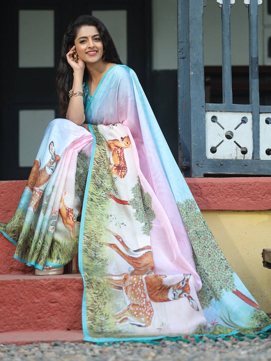 Satin Georgette Multi Colour Hand Print Saree - Luxe by My Store