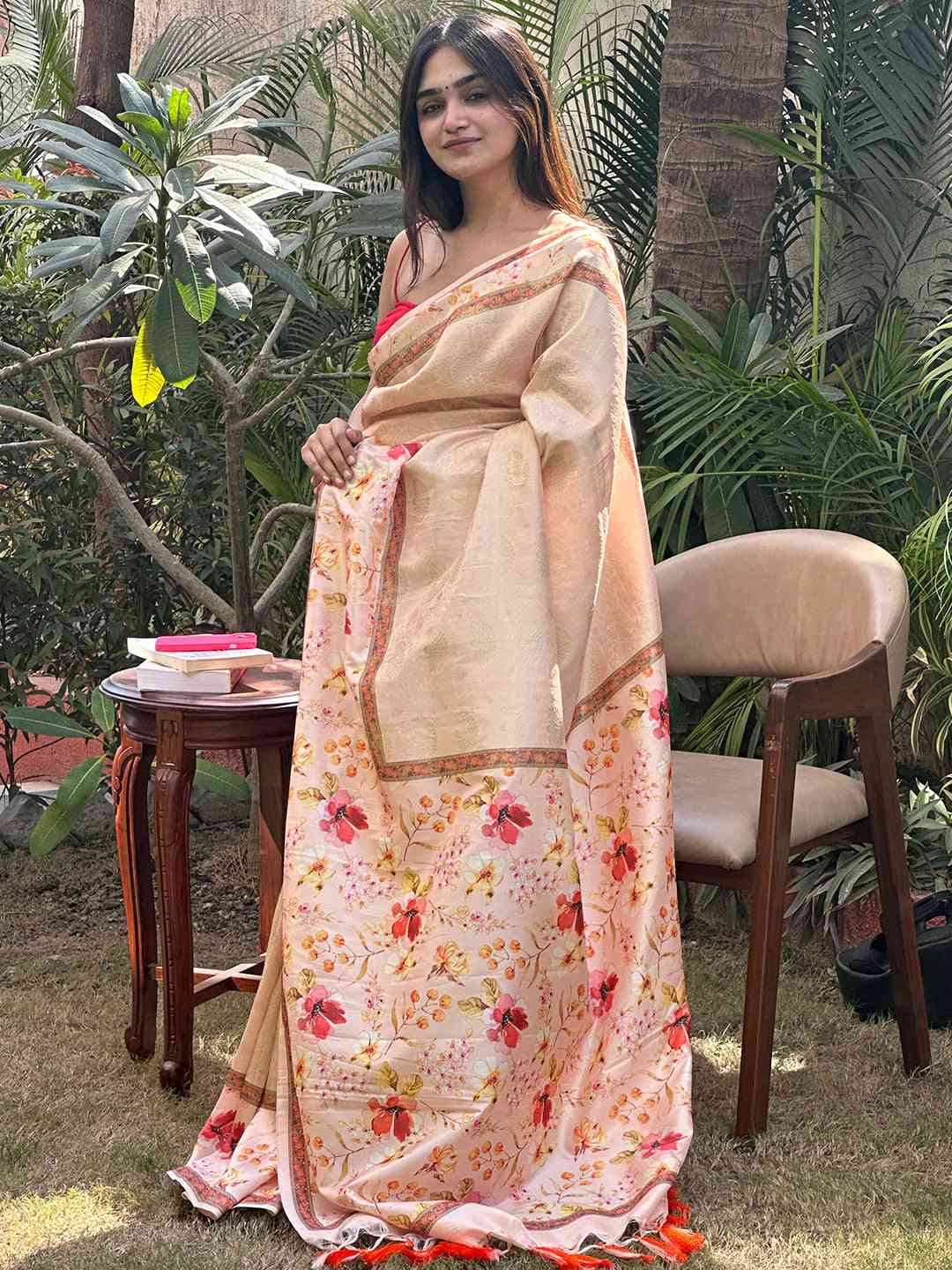 Peach Banarasi Kanjivaram Floral Print Saree by My Store