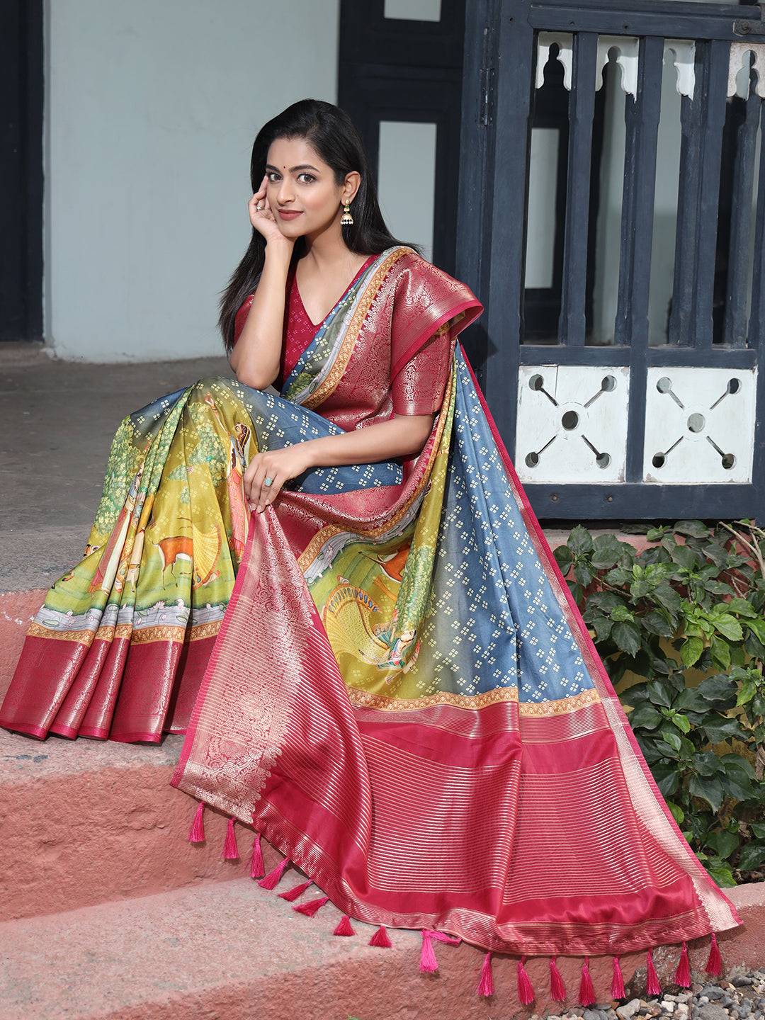 Blue Pure Viscose Dola Silk Saree with Exquisite Bandhej Print - Luxe