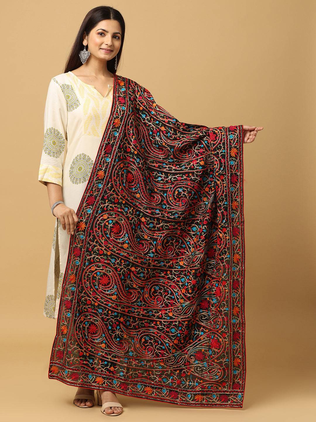 Poly Chiffon Black Colour Pashmina Threadwork Dupatta by My Store