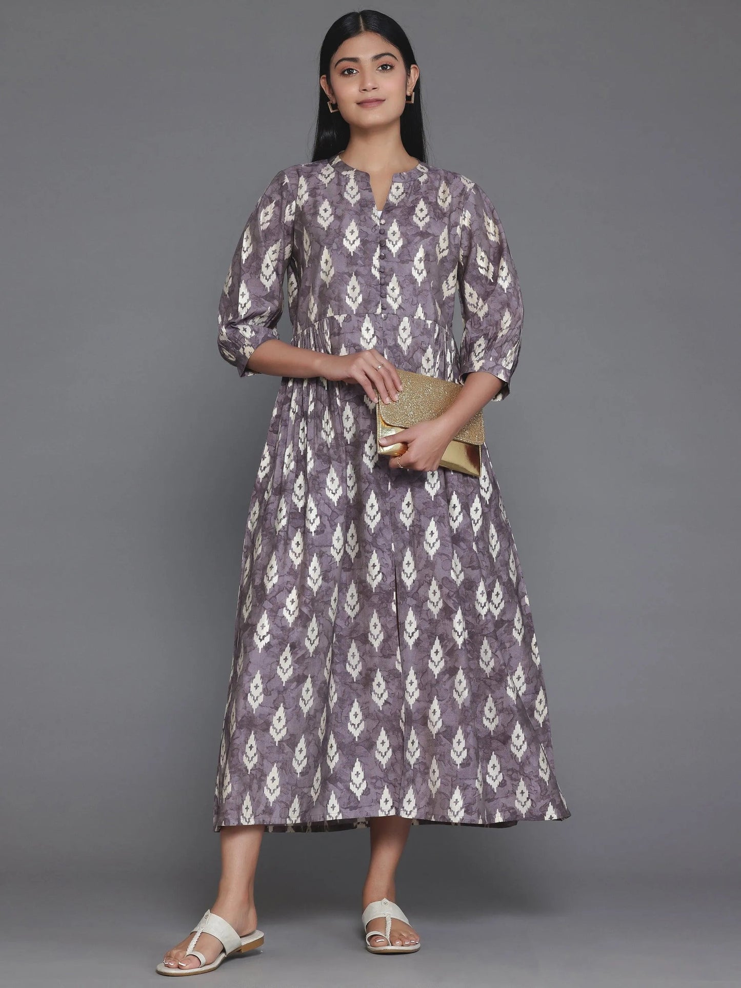 Mauve Printed Silk Fit and Flare Dress by My Store