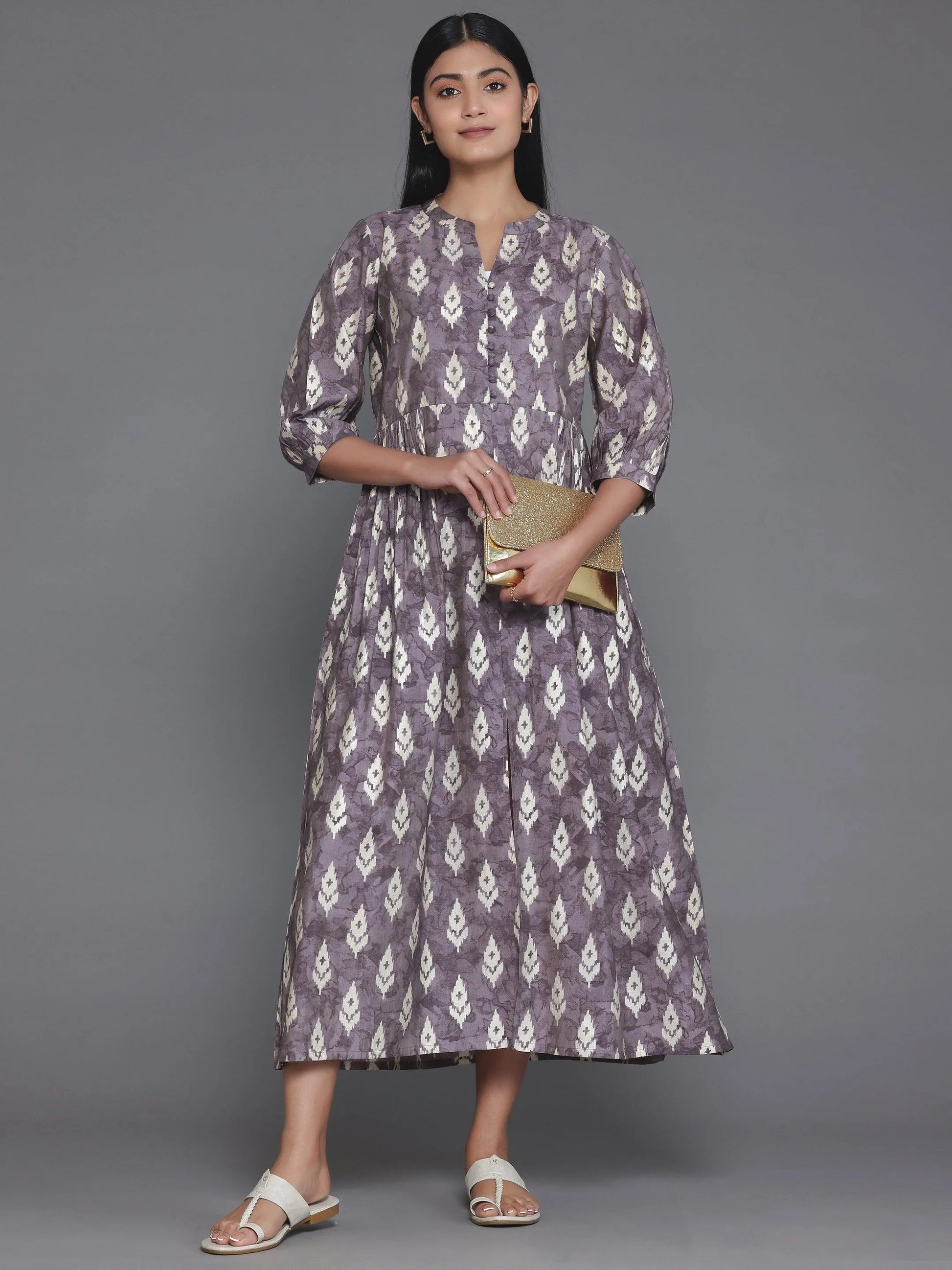 Mauve Printed Silk Fit and Flare Dress by My Store