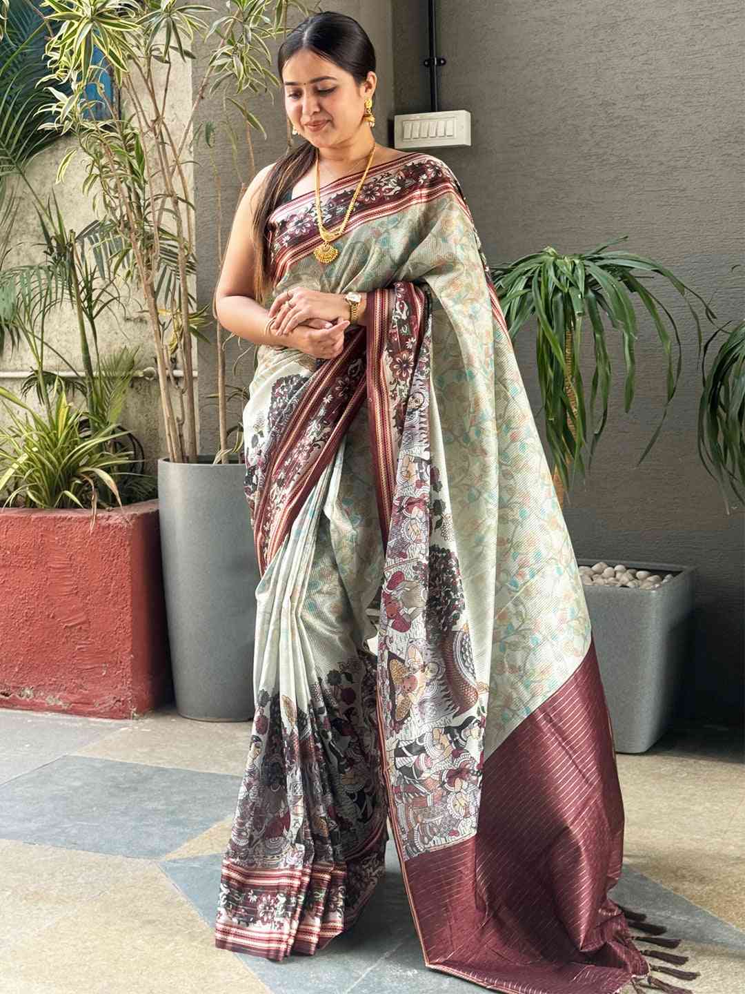 Pista Colour Satin Kota Doria Digital Kalamkari Zari Pallu by My Store