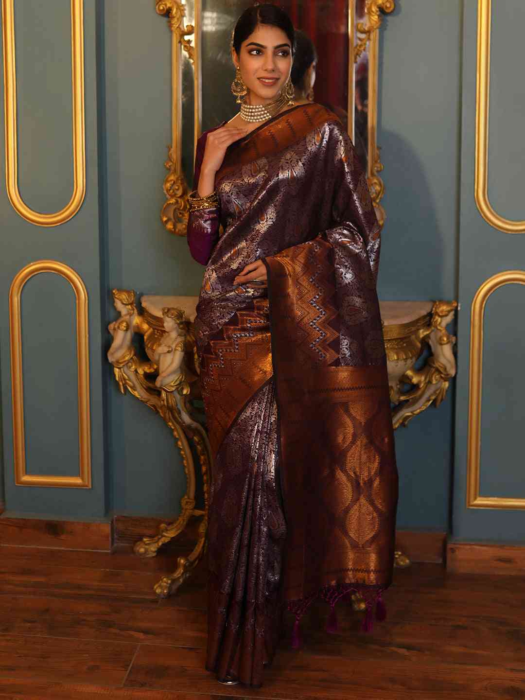 Wine Colour Kanjivaram Silk Saree With Zari Work