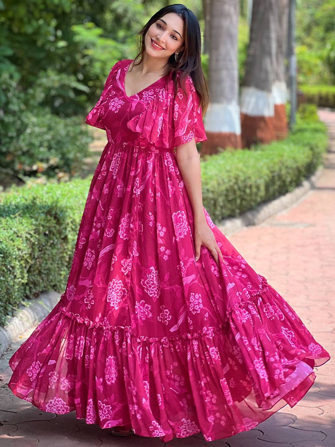 Pink Peony V-neck Flary Dress by My Store