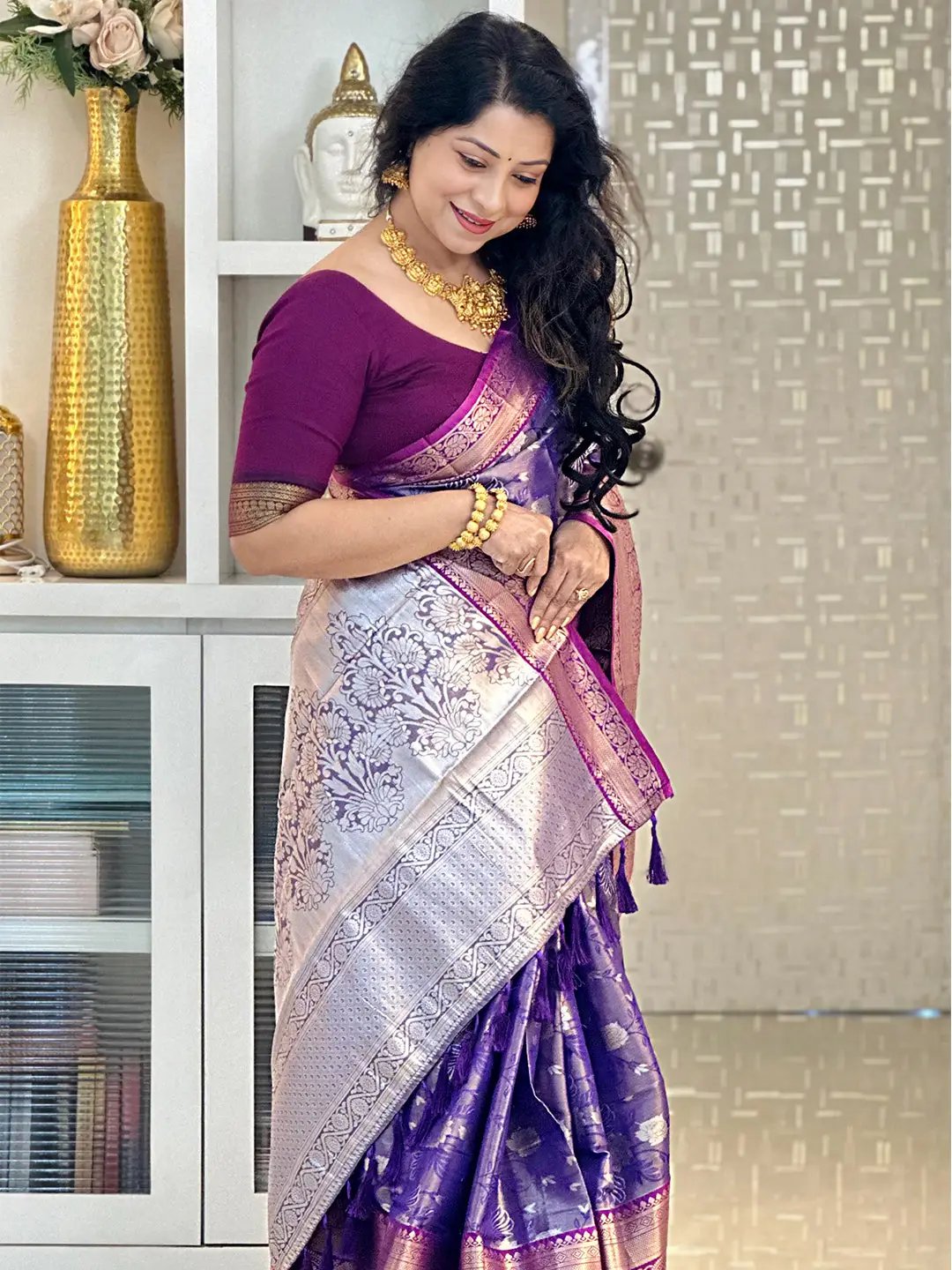 Purple One Gram Gold Tissue Silk Saree by My Store