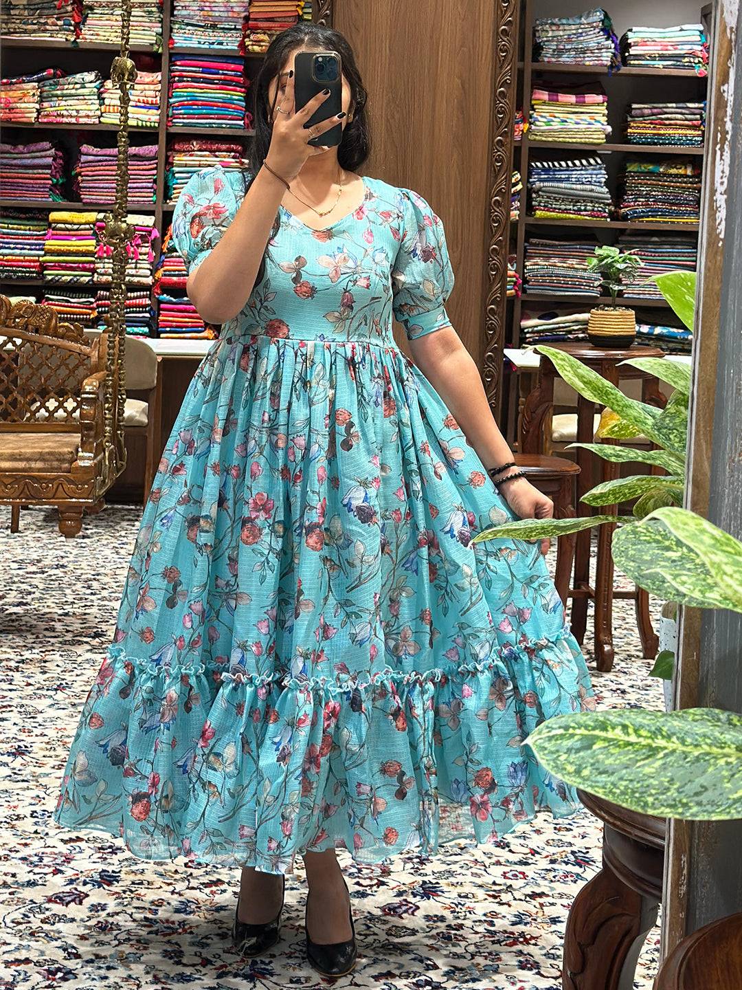 Powder Blue Floral Print Dress by My Store