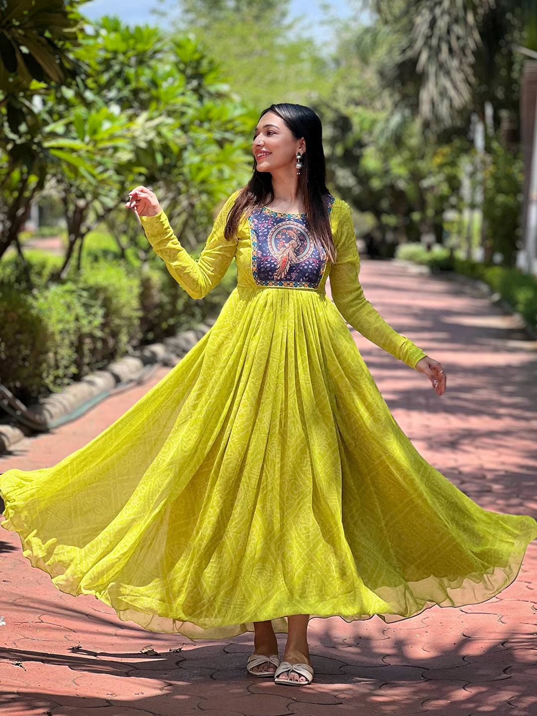 Pea Green Bandhej Dress by My Store