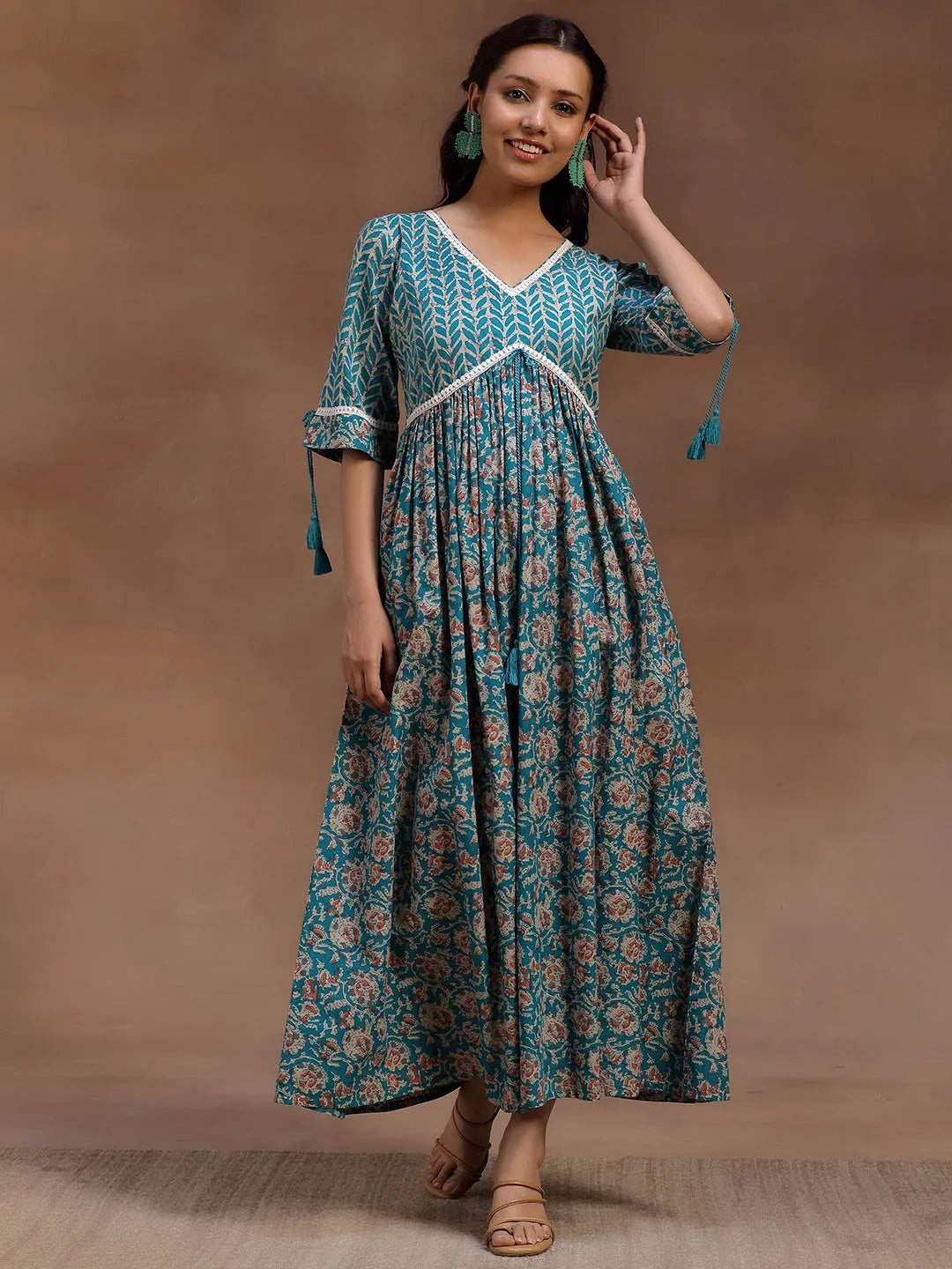 Green Printed Cotton Fit and Flare Dress by My Store