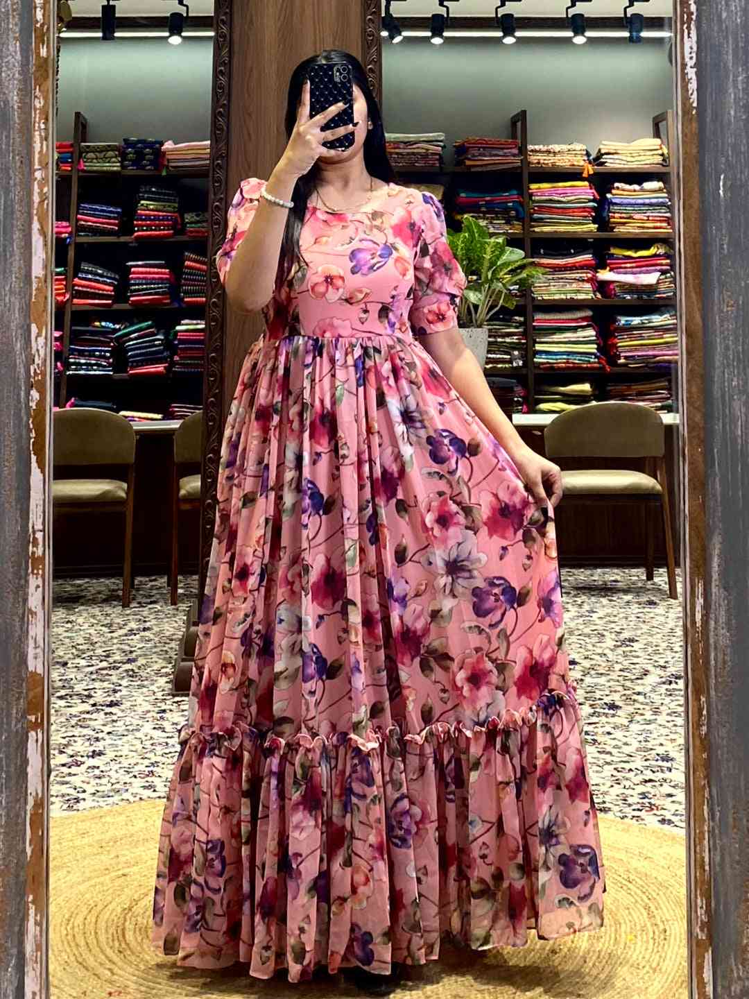 Salmon Pink Floral Georgette Dress by My Store