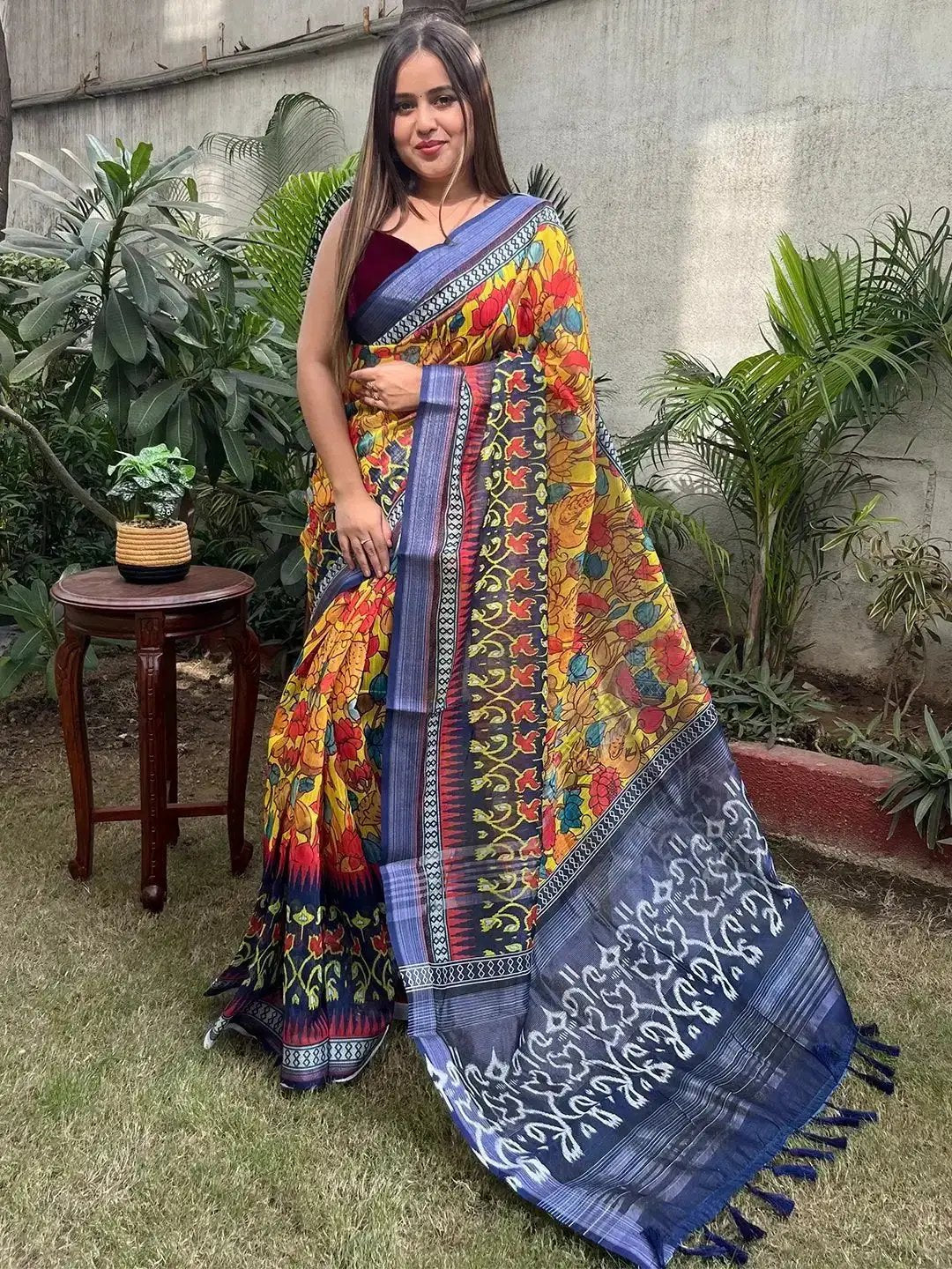 Floral Ikkat Printed Party Wear Saree by My Store