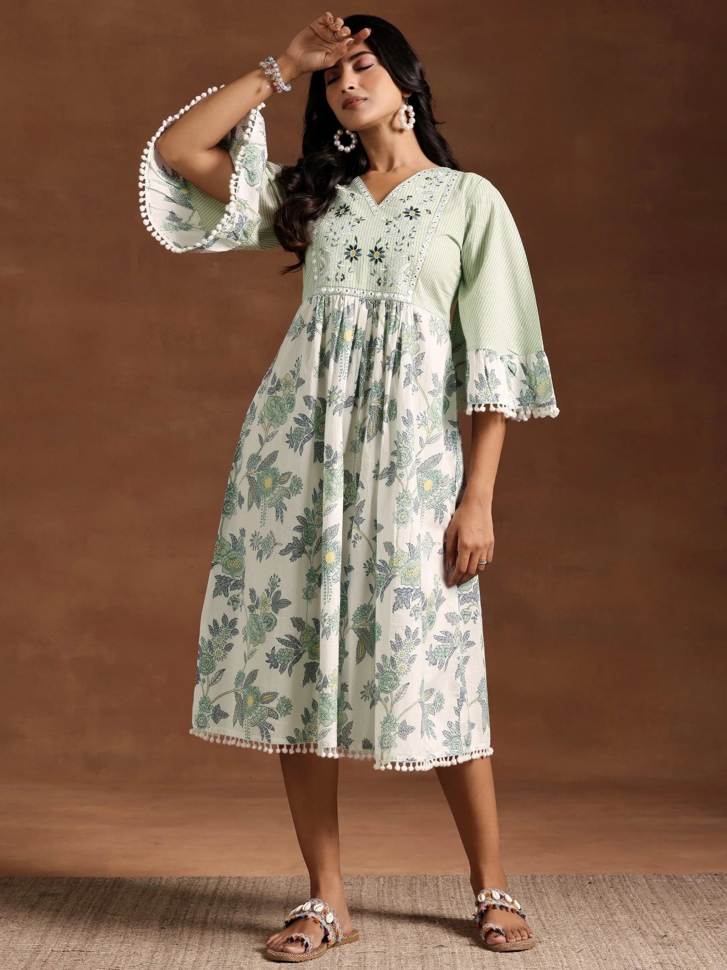 Green Printed Cotton A-Line Dress by My Store