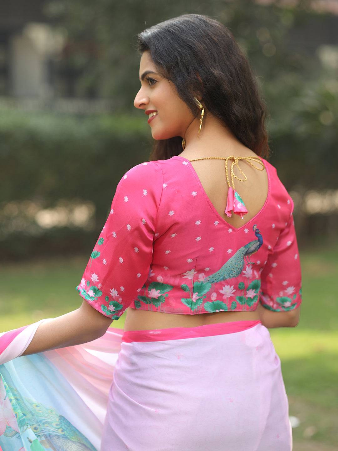 Satin Georgette Light Pink Colour Hand Print Saree - Luxe by My Store