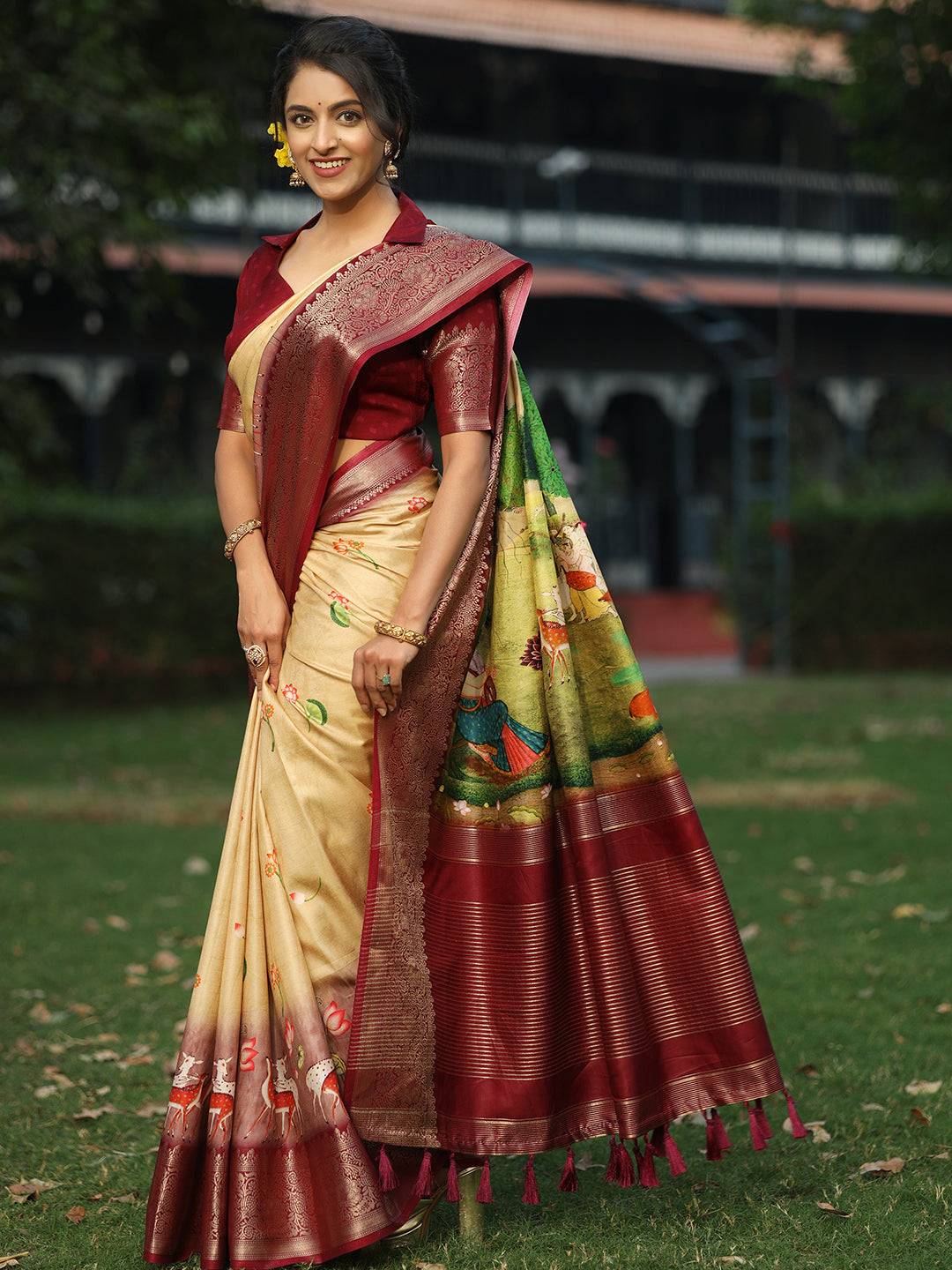 Pichwai Print Zari Weaving Pallu Saree In Yellow Colour - Luxe by My Store