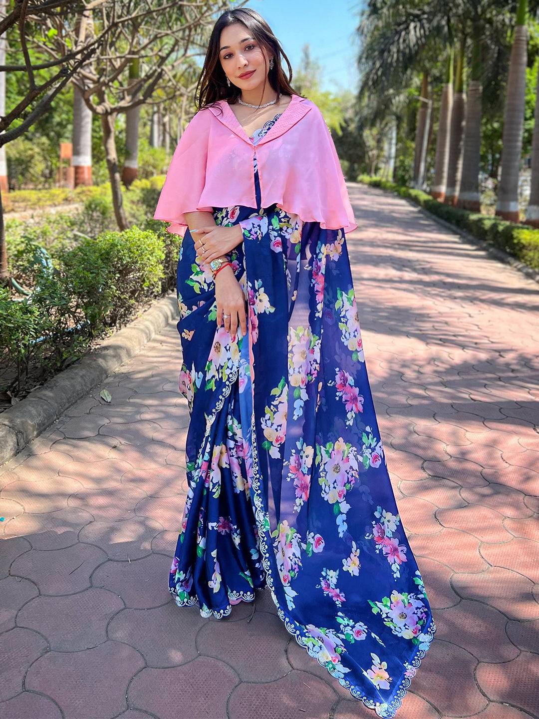 Navy Satin Georgette Floral Print Saree by My Store