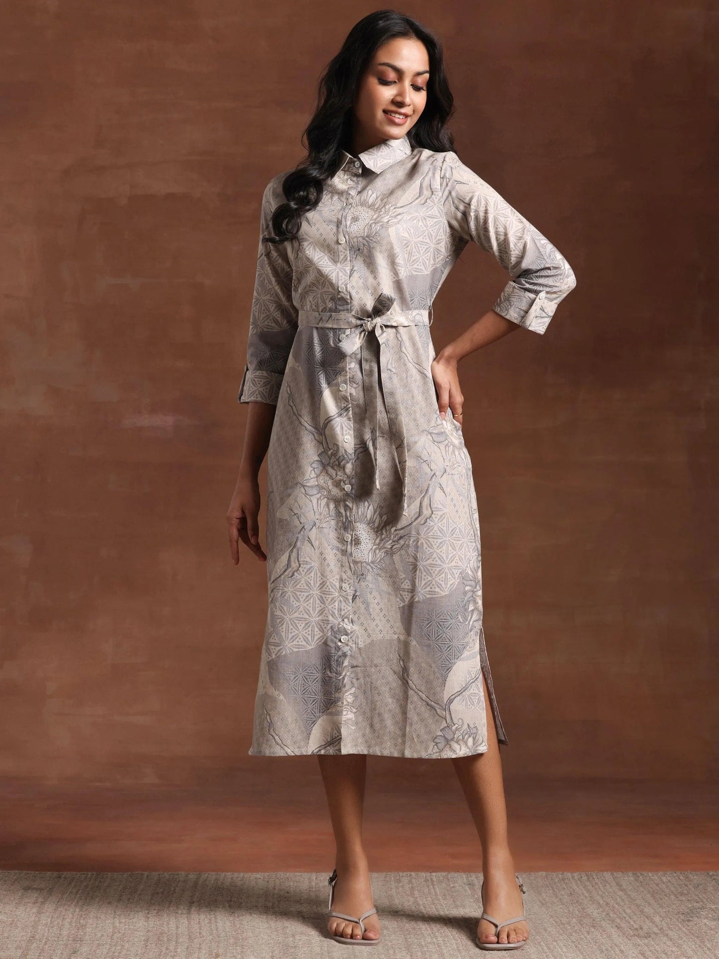 Off White Printed Cotton Blend Shirt Dress