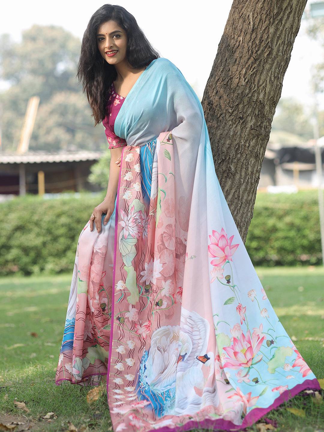 Satin Georgette Sky Blue Colour Hand Print Saree - Luxe by My Store