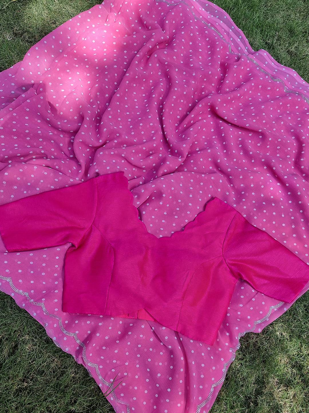 Peach Colour Pure Georgette Polka Dot Print Swaroski Cut Work Border Saree by My Store