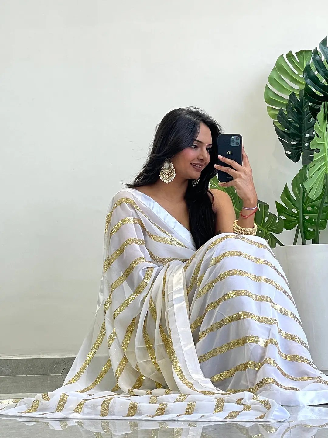 Modern Elegance Georgette Saree with Striped Sequins Work and Solid Border by My Store