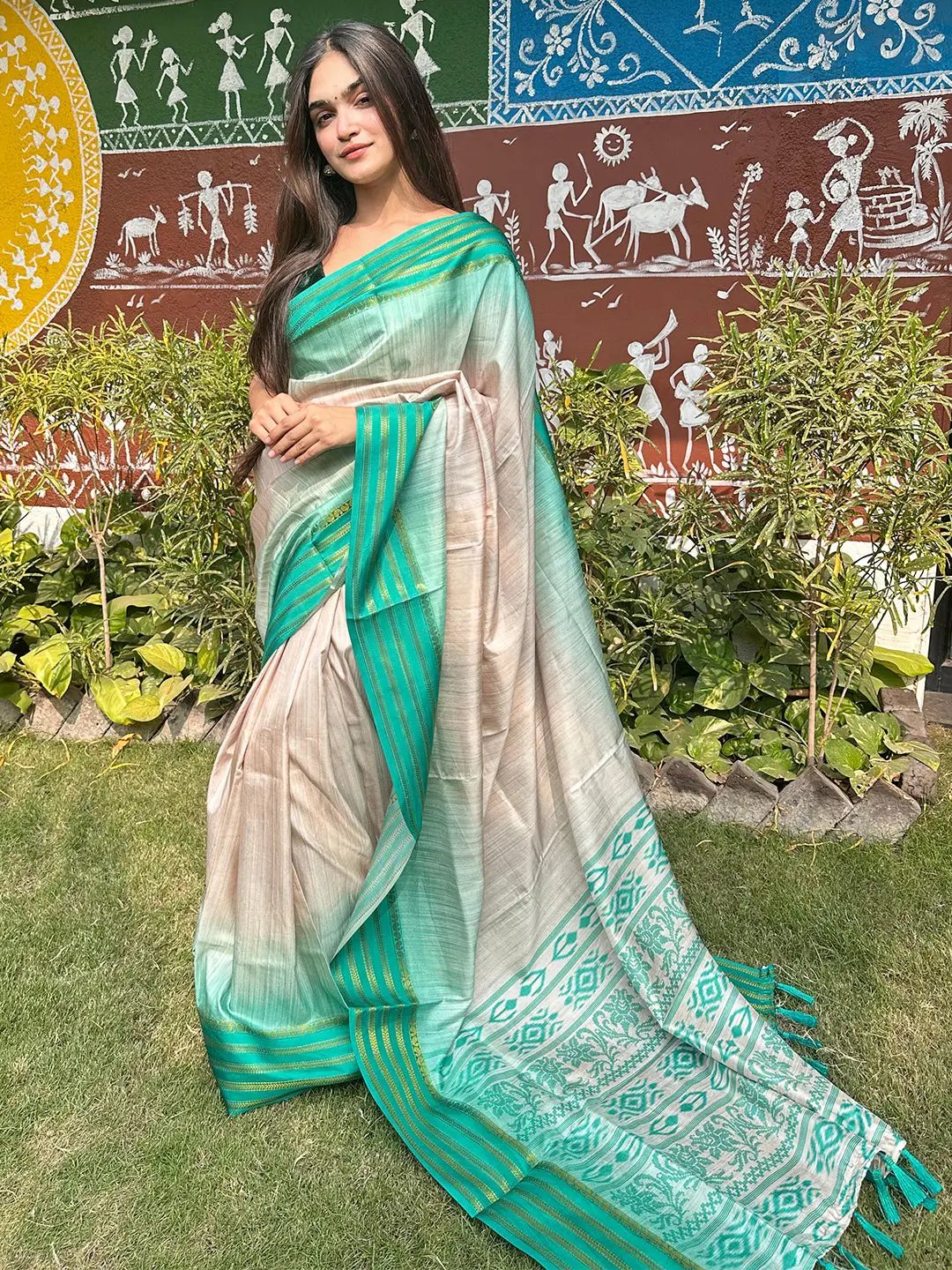Ikkat Motifs and Paisley Prints on Ghicha Saree by My Store