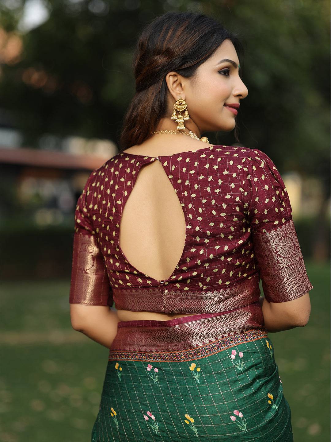 Bottle Green Colour Pure Viscose Dola Silk Saree With Mughal Motifs - Luxe by My Store