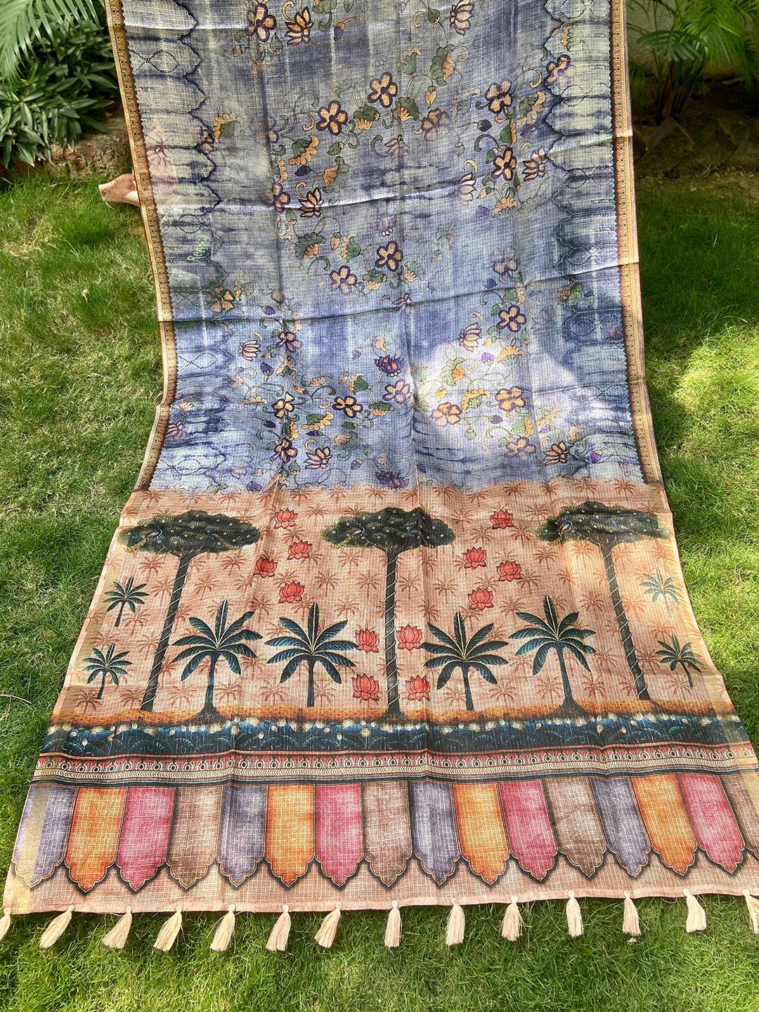 Blue Kota Doriya Silk Saree With Floral Print