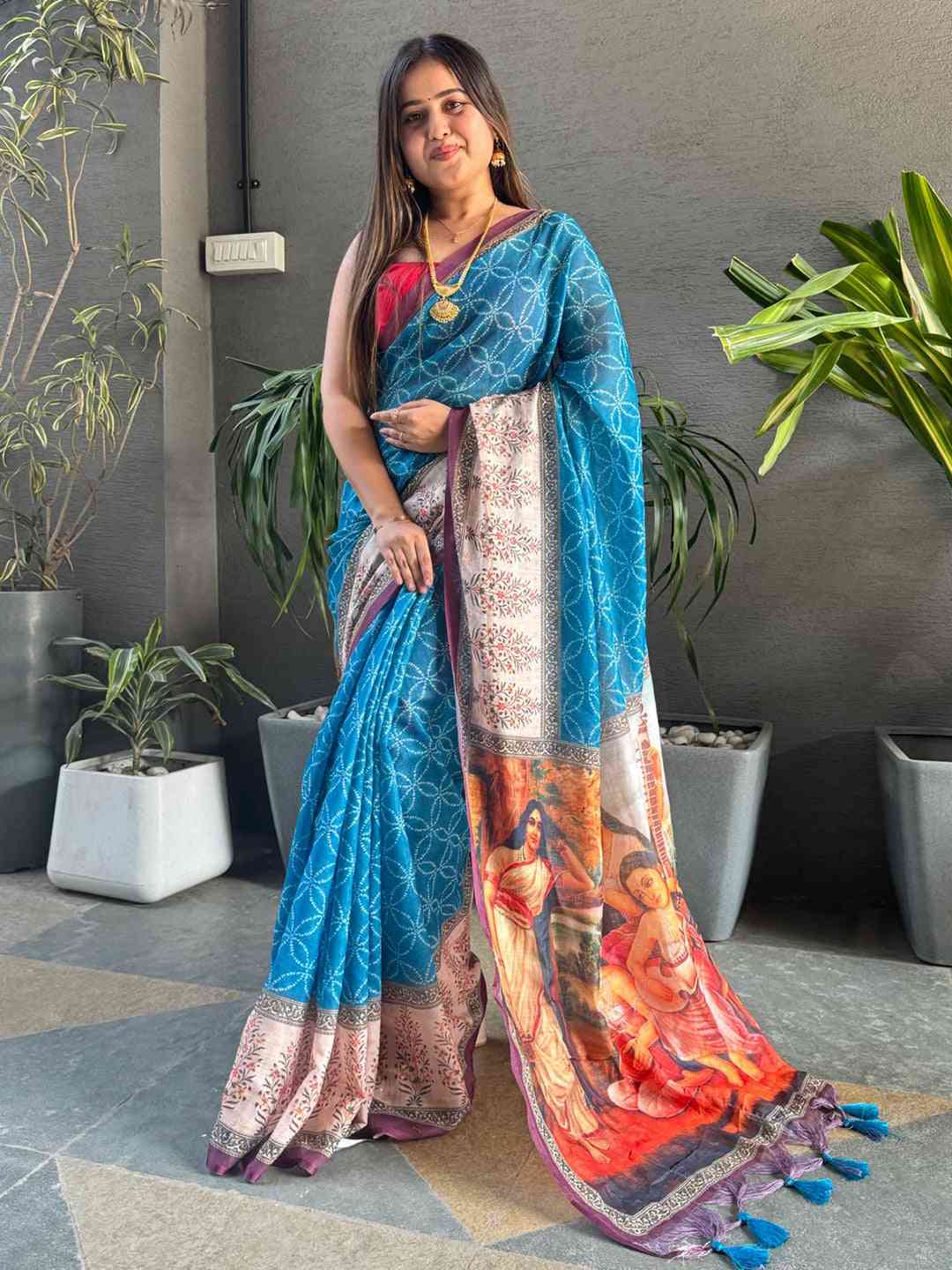 Blue Colour Geometric Print Saree With kalamkari Print Design