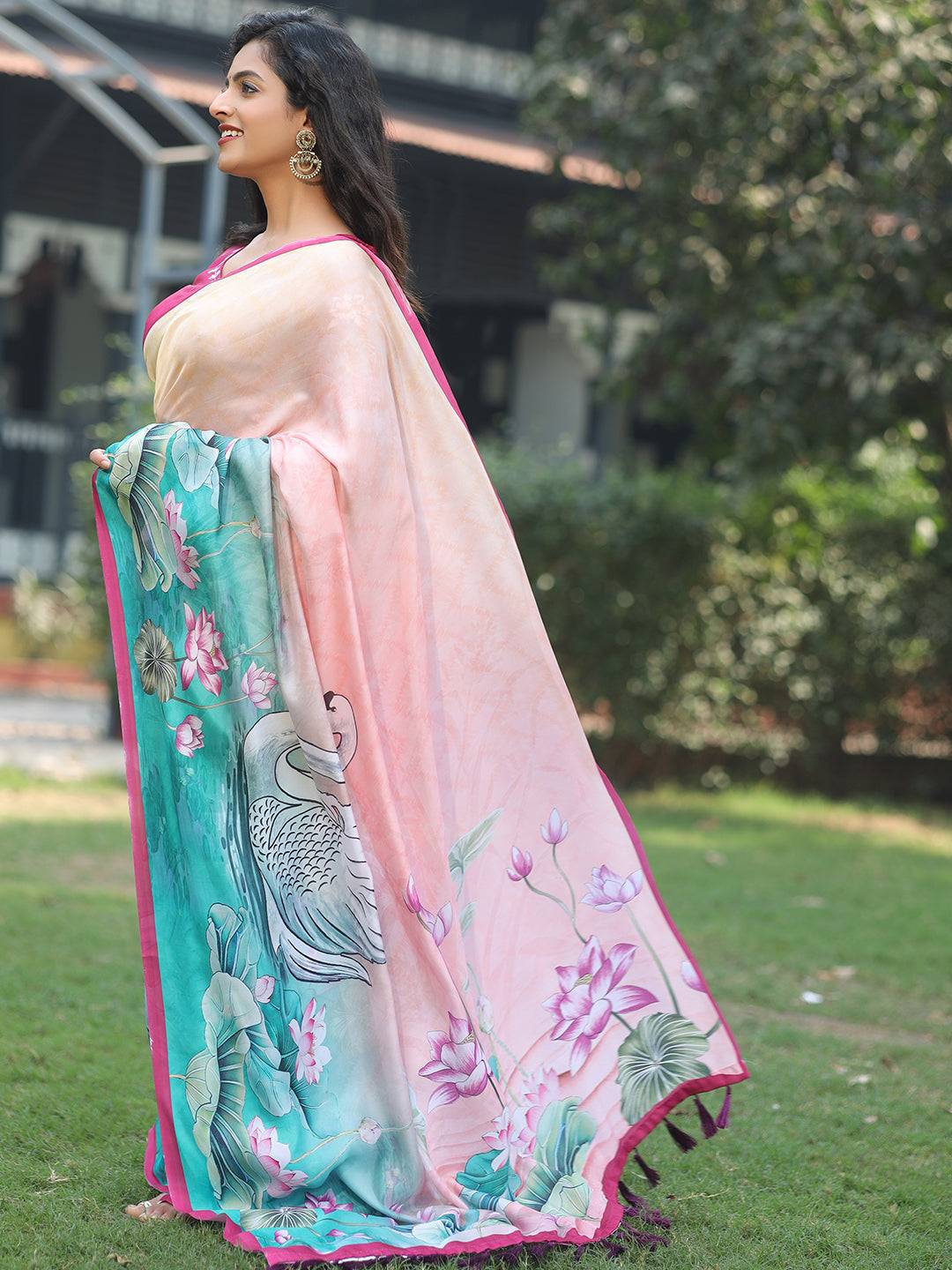 Satin Georgette Light Peach Colour Hand Print Saree - Luxe by My Store