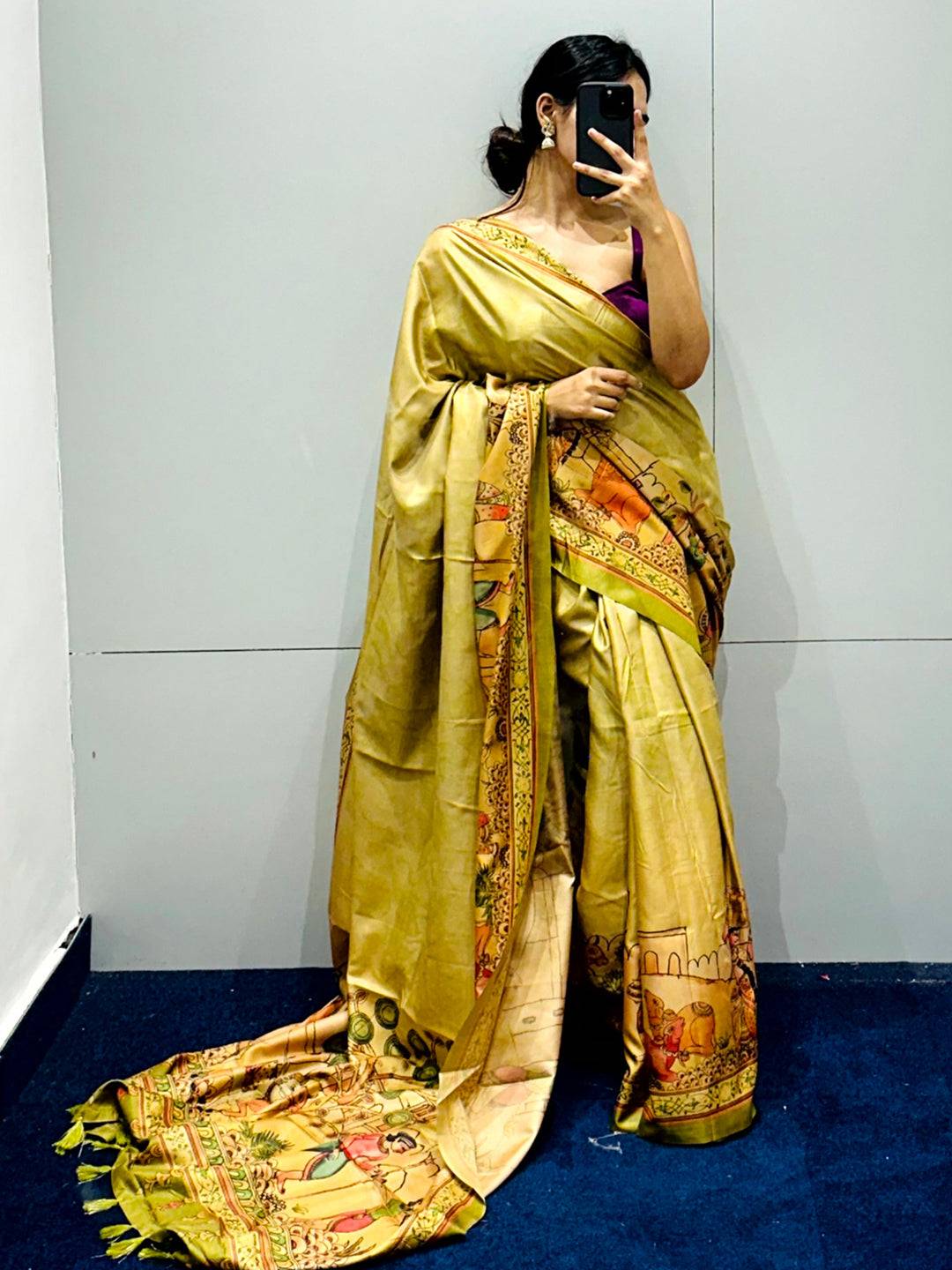 Light Green Free Hand Kalamkari Print Saree by My Store