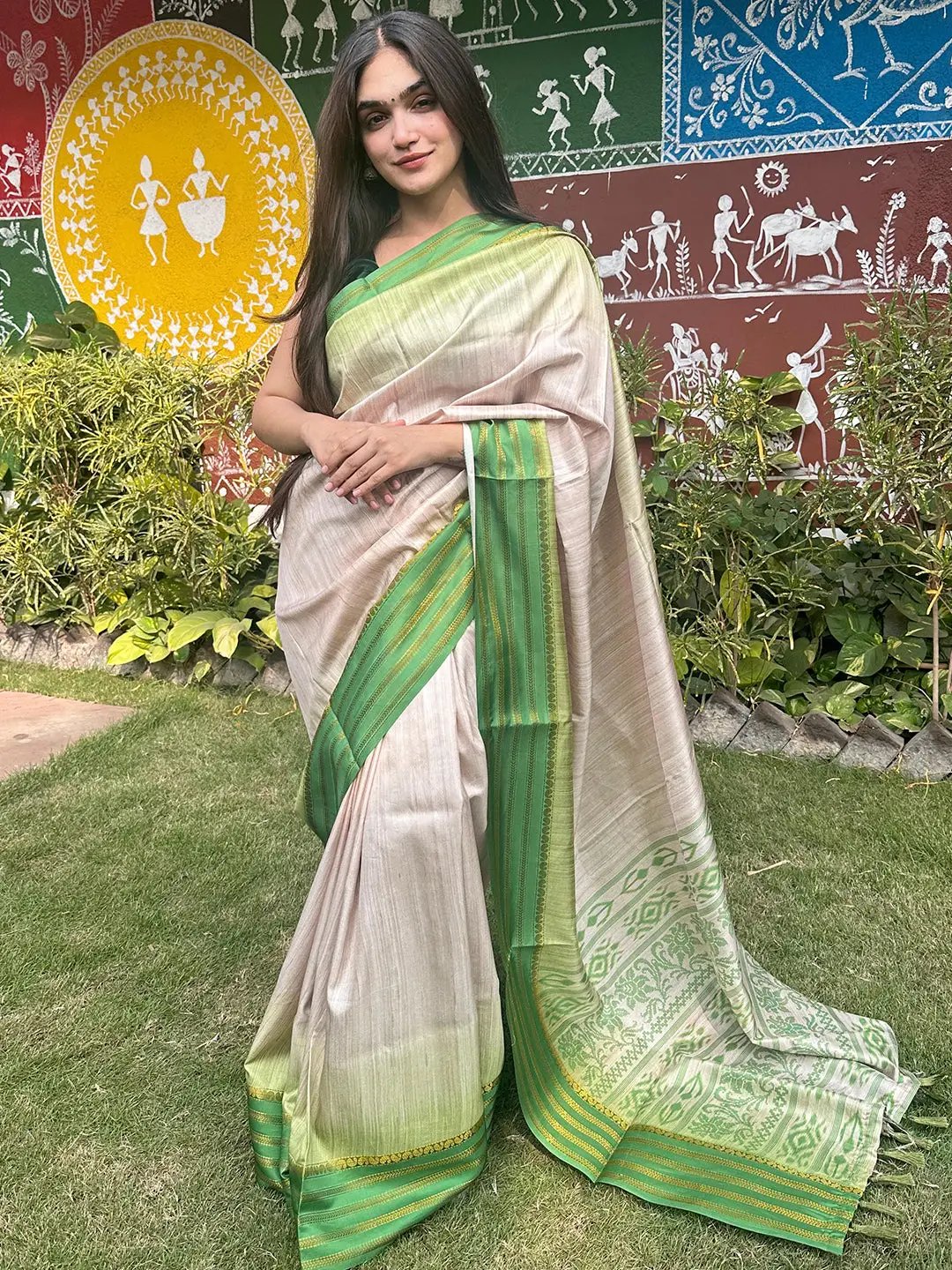 Ikkat Motifs and Paisley Prints on Ghicha Saree by My Store