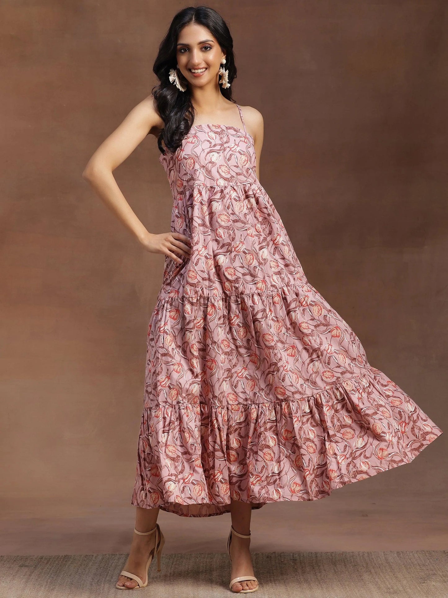 Peach Printed Cotton Fit and Flare Dress by My Store