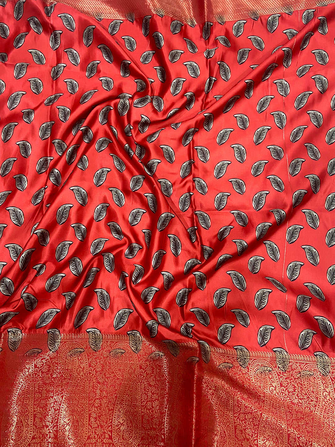 Sea Green Cherry Satin Kalamkari Saree by My Store