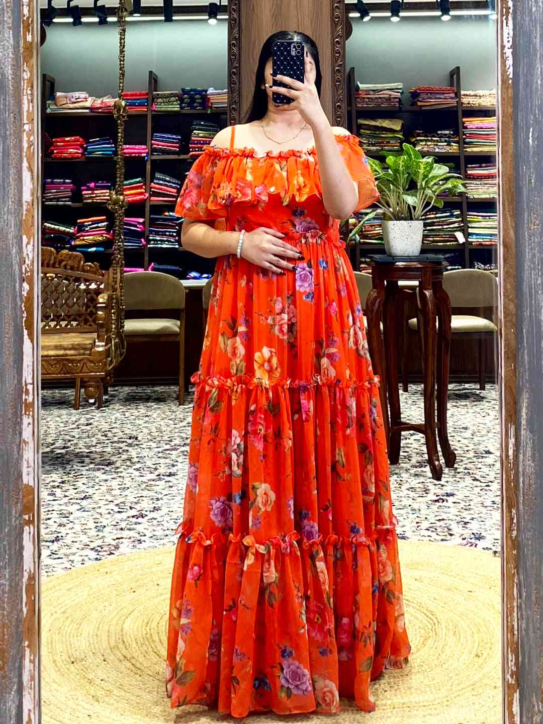 Sunny Orange Georgette Floral Dress by My Store