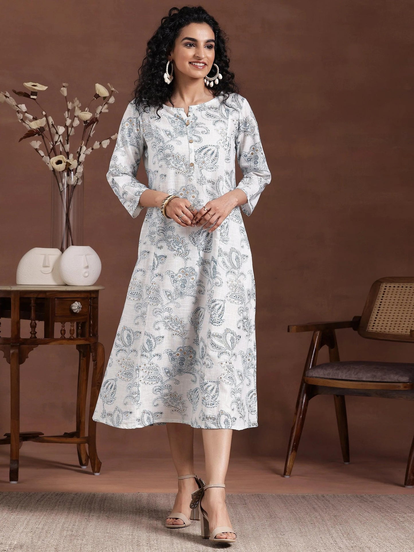 White Printed Cotton A-Line Dress