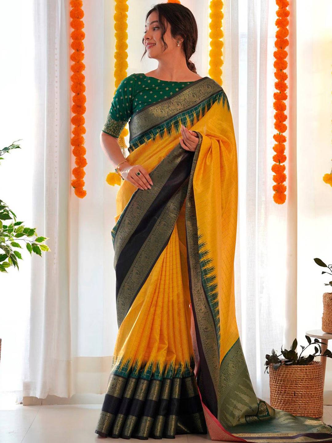 Yellow Colour Banarasi Soft Silk Gadwal Pattu Zari Weaving Party Wear Saree