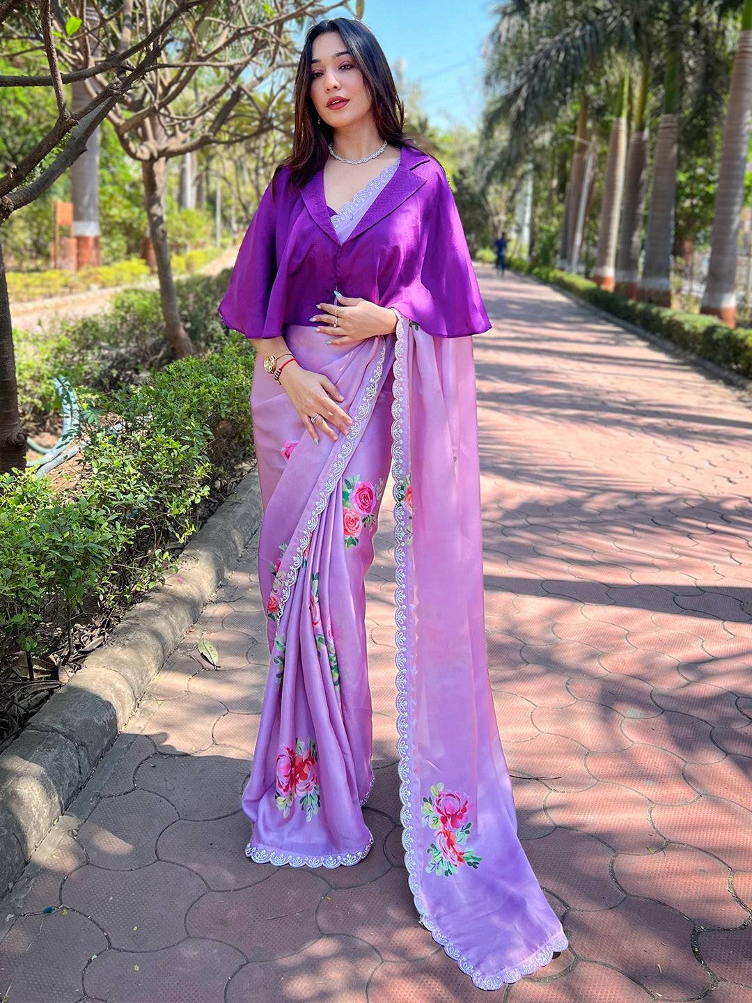 Lavender Satin Georgette Floral Print Saree