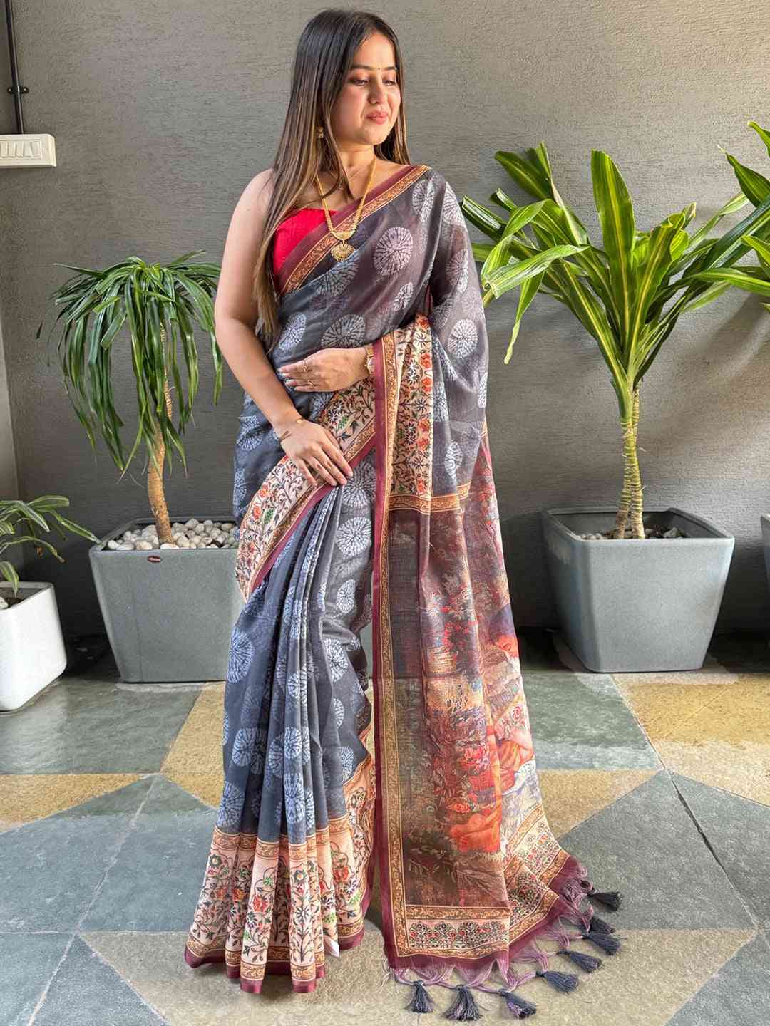 Grey Colour Block Print Saree With kalamkari Print Pallu by My Store
