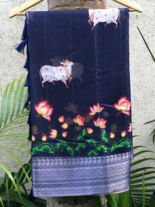 Navy Blue Organza Pichwai Print Saree by My Store