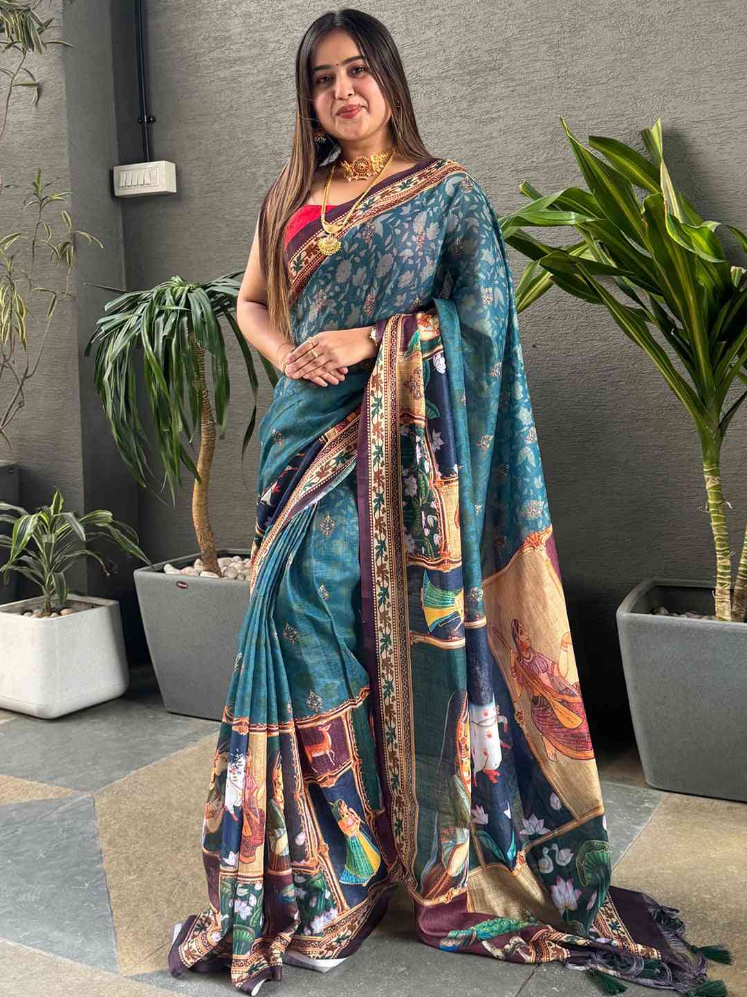 Firozi colour Linen Saree With Digital Print And Majestic Border by My Store
