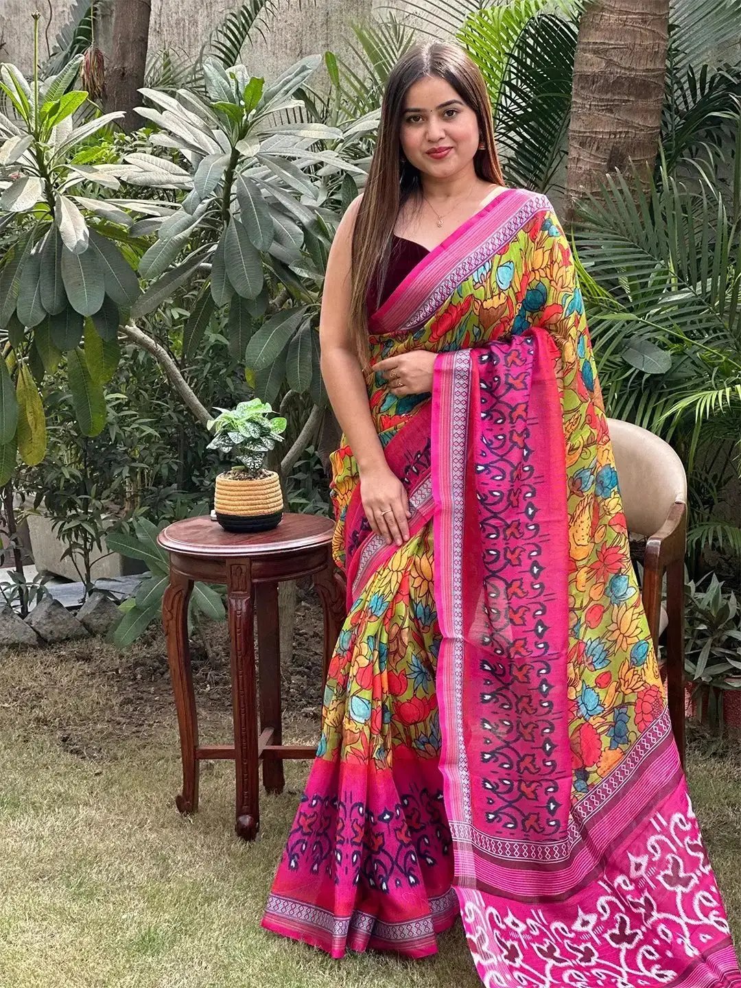 Floral Ikkat Printed Party Wear Saree by My Store