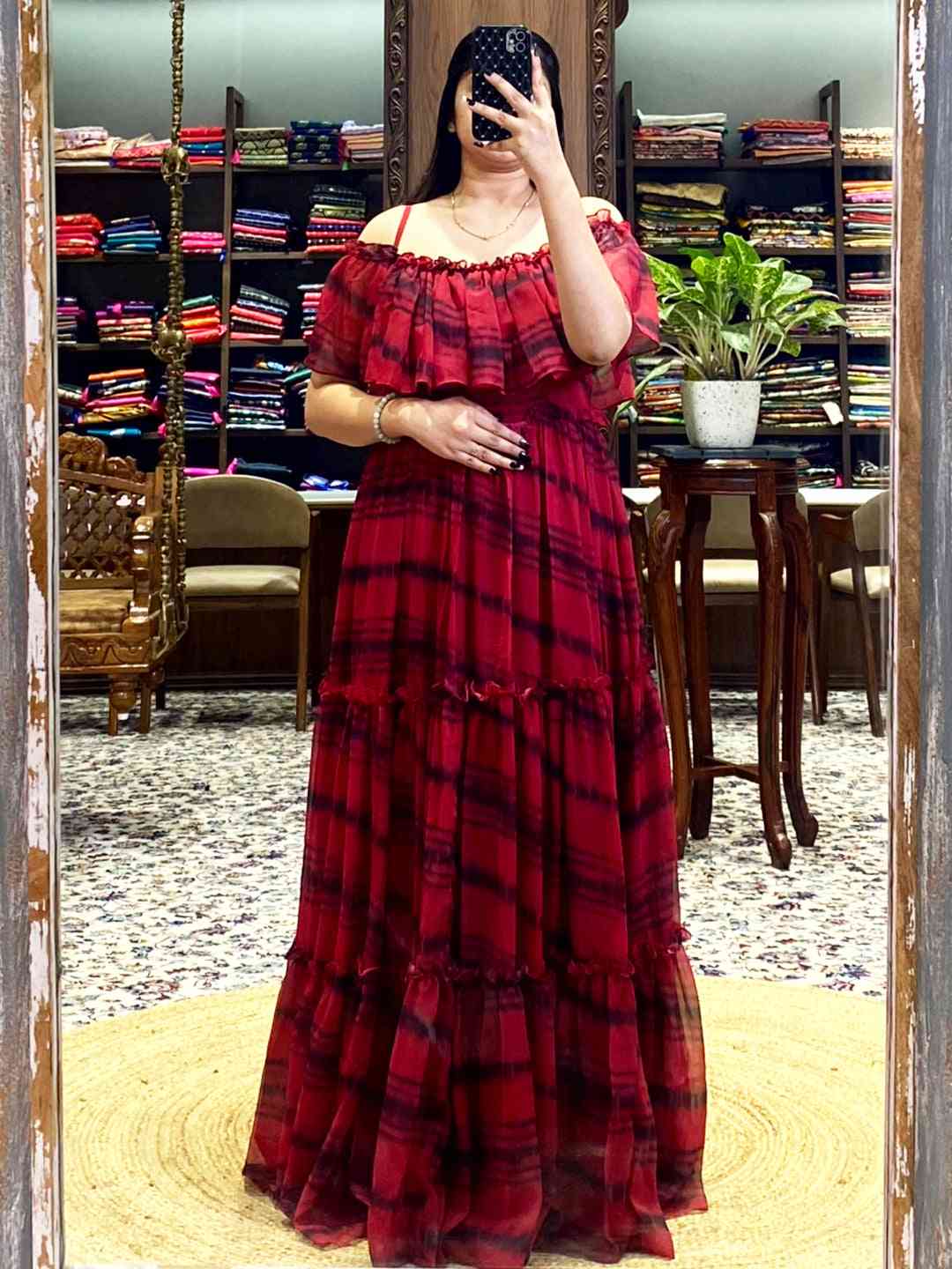 Tartan Print Off-Shoulder Ruffle Dress by My Store
