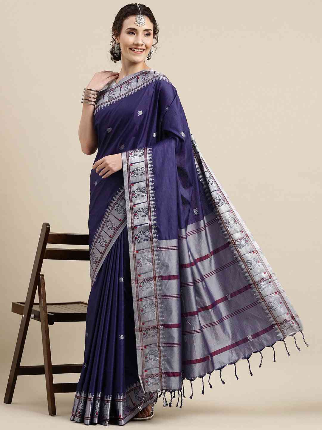 Beautiful Blue Colour Zari Silk Cotton Paithani Saree