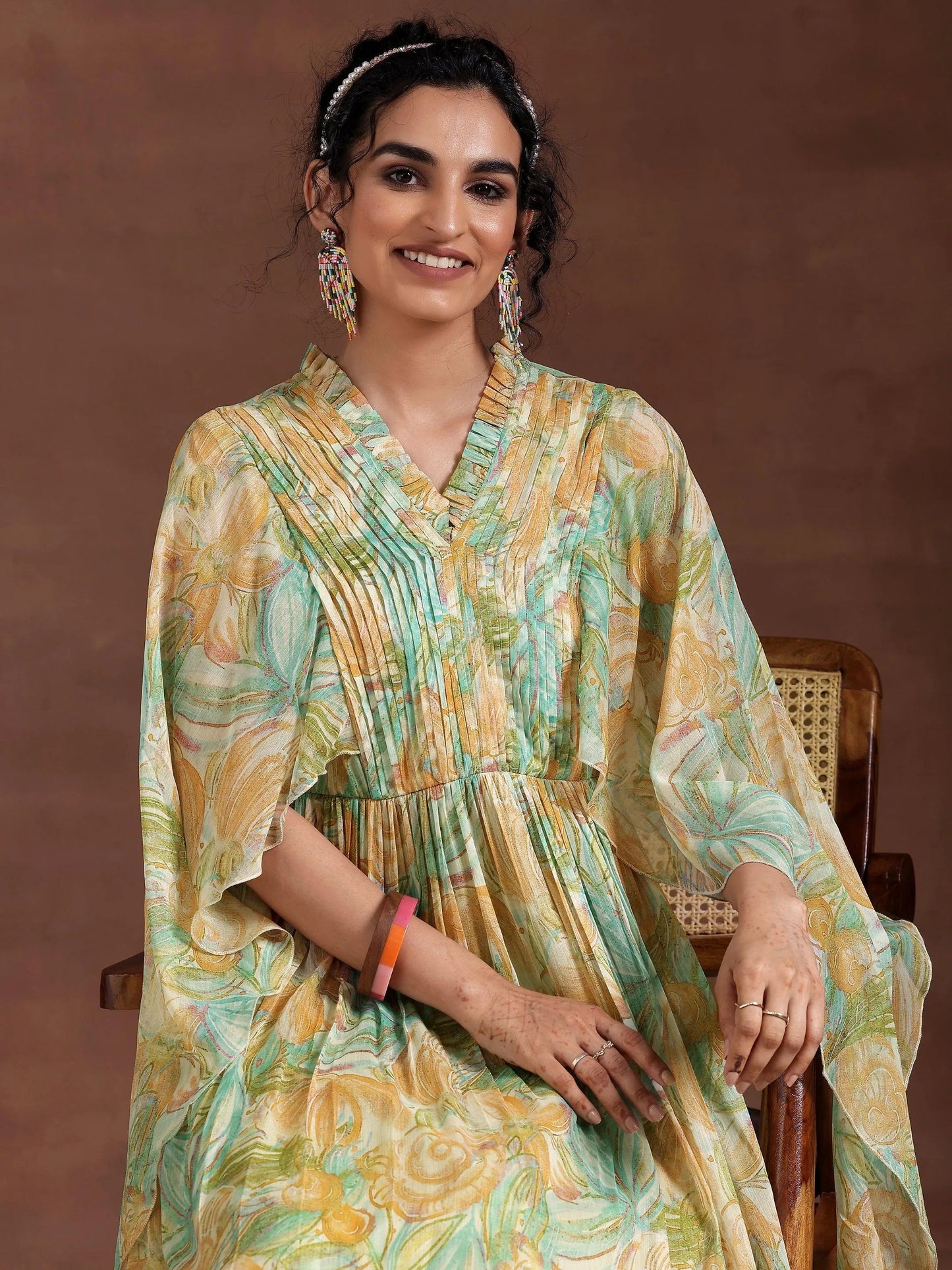 Green Printed Chiffon A-Line Dress by My Store