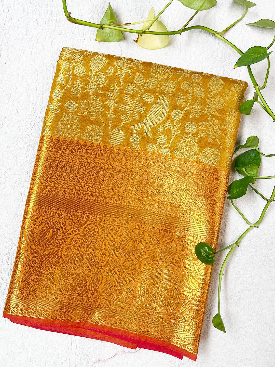 Mustard Yellow Kanjivaram With Golden Zari Work Saree by My Store